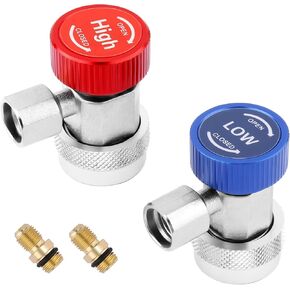 2PCS R134a Adapter Fittings to AC Refrigerant Recharge,Car Refrigerant Adapter with Knob(High/Low Connectors&1/4″ SAE Male Flare),Quick AC Recharge Kit R134a for Quick Connect