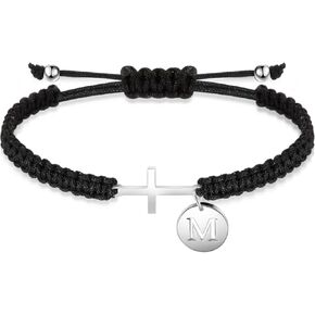 Initial Friendship Cross Bracelet with A-Z Charm Adjustable Braided Bracelet for Women Men Christian Religious Gift