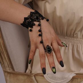 Kercisbeauty Black Lace Beaded Dangle Hand Harness with Finger Ring Vintage Palace Bracelet for Women Girls (Style 4)