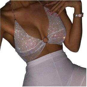 Yokawe Glitter Rhinestone Tank Top Black Sexy Crystal Mesh Top Backless V Neck Halter Bikini Party Rave Festival Nightclub Body Accessories Jewelry for Women and Girls