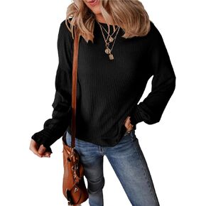 EVALESS Womens Fall Tops Cute Lantern Sleeve Shirts Basic Crewneck Blouses for Women Dressy Casual Outfits Trendy 2024