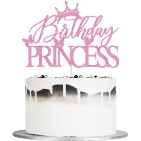 Glitter Birthday Princess Cake Topper - Happy Birthday Cake Topper for Crown Girl Birthday Party Decoration (pink)