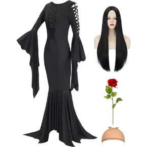 Black Gothic Dress for Halloween Costume Women with Long Black Wig Rose Flower for Halloween Gomez Costume
