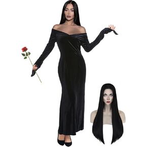 Halloween Costume for Women Black Gothic Dress Costume with Wig Red Rose Cute Soft Black Dress for Cospaly Costume