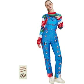 Women Halloween Costume Blue Cartoon Jumpsuit Overalls and Striped Shirt Cosplay, Movie Character Cosplay