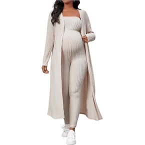 Women's Maternity Ribbed 2 Piece Outfit Strapless Skinny Leg Jumpsuit and Long Sleeve Cardigan Set