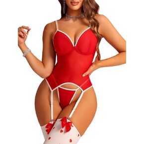 WDIRARA Women's 4 Pieces Lace Mesh Bow Front Garter Bustier Lingerie Set with Thong and Stockings