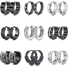 9 Pairs Hoop Earrings for Men Black Silver Stainless Steel Earrings Huggie Hoop Earrings Men' Hoop Earring Set