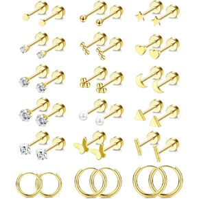 Jstyle Small Hypoallergenic Flat Back Stud Earrings for Women Men, 14K Gold Surgical Stainless Steel Earrings for Sensitive Ears Tiny Screw Back Cartilage Earring Sets for Multiple Piercing
