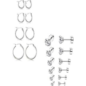 ORAZIO 4 Pairs Stainless Steel Hoop Earrings Set and 6 Pairs 18G Stainless Steel Ear Stud Piercing