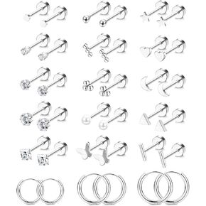 Jstyle Small Hypoallergenic Flat Back Stud Earrings for Women Men, 14K Gold Surgical Stainless Steel Earrings for Sensitive Ears Tiny Screw Back Cartilage Earring Sets for Multiple Piercing
