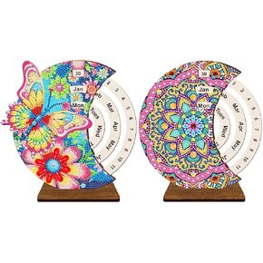BAYUNOE 2Pcs Perpetual Desk Calendar Ornament DIY Diamond Art Painting Wooden Round Rotatable Calendar with Circular Dial to Set Dates Tabletop Ornaments for Home Decoration-01
