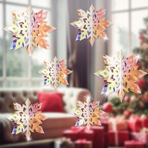 6PCS Christmas Hanging Snowflake Decorations, 3D Laser Iridescent Paper Snowflakes Hanging Ornaments for Christmas Party