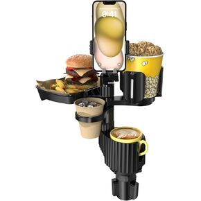 Car Cup Holder Tray - 5 in 1 Adjustable Car Cup Holder Expander with Phone Mount Food Tray Swivel for All Purpose, Car Drink Holders Snack Tray for Road Trip Accessories
