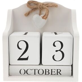 ULTNICE Wood Desk Calendar Wooden Calendar Blocks Desk Calendar Perpetual Calendar Monthly Wood Cube Desktop Calendar Planner Photography Props (White)