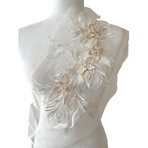 PEPPERLONELY 1pc 3D Lace Tassel Flower Sew on Embroidered Lace Applique Wedding Dress Bride's Gown Headdress Adornment DIY Patch Clothing Accessories, 7.85 x 16 Inches, Silver Gray