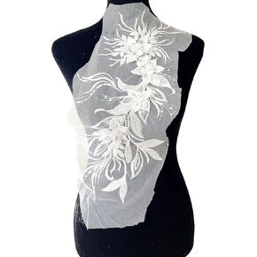 PEPPERLONELY 1pc 3D Lace Tassel Flower Sew on Embroidered Lace Applique Wedding Dress Bride's Gown Headdress Adornment DIY Patch Clothing Accessories, 7.85 x 16 Inches, Silver Gray