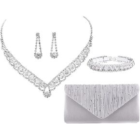 ANUFER Women's Zircon Rhinestones 4 Pieces Jewelry and Clutch Purse Set for Wedding Prom Evening Party