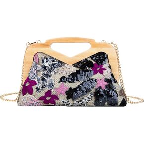 Wooden Handle Sequin Embroidered Floral Handbag with Detachable Strap Evening Bag for Wedding Party