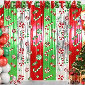 Christmas Party Decorations Candy Cane Foil Fringe Curtains, 2Pcs Red Silver Green Christmas Backdrop Photo Booth Prop Streamers for Christmas Ugly Sweater Party Christmas Decorations Indoor,3.3x6.6Ft