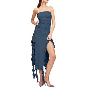 VNIRA Tube Dress for Women Sexy Ruffle Y2K Bodycon Strapless Slit Irregular Summer Party Night Club Midi Dresses