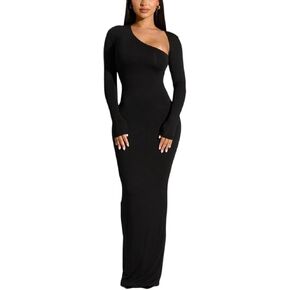Yanfoam Women's Sexy Bodycon Long Sleeve Skew Collar Ribbed Party Club Basic Maxi Dress