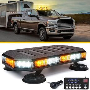 شريط إضاءة لومينيكس 42LED على السطح العلوي، شريط إضاءة عالي السطوع 38 وضعًا وامضًا لخطر الطوارئ مع قاعدة مغناطيسية ووحدة تحكم متزامنة، للشاحنات والسيارات ومحراث الثلج (العنبر/الأبيض) in Kuwait