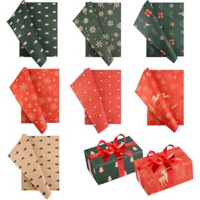 7 Sheets of Christmas Tissue Papers, 29.13x19.7in Delicate Kraft Xmas Wrapping Tissue Gift Wrapping Paper Christmas Birthday Holiday Decoration for Gift Bags Green Brown Red (7 Styles)