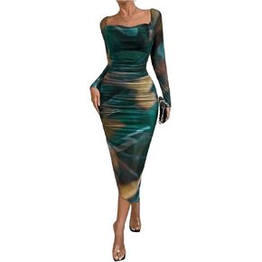 Floerns Women's Tie Dye Long Sleeve Cowl Neck Ruched Party Bodycon Midi Dresses