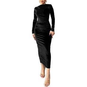 Women's Velvet Bodycon Midi Dress Long Sleeve Ruched Slim Fit Cocktail Party Dresses