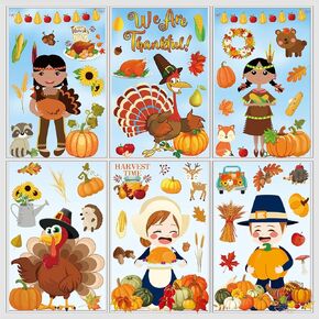 Quera 9Pcs Thanksgiving Window Clings Decals Fall Autumn Turkey Pilgrims Girl boy Window Decorations Pumpkin PVC Window Stickers for Harvest Party Home Office Glass Mirror Decor 7.9 x 11.8