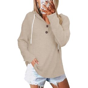 VVK Hoodies for Women Long Sleeve V Neck Pullover Button Down Loose Fit Oversize Drawstring Lightweight Sweatshirt
