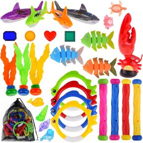 Diving Toys, 30 Pcs Pool Toys with Diving Swim Thru Rings, Dive Sticks,Diving Rings, Diving Gem, Diving Octopus, Pool Torpedo, Pool Diving Swimming Toys for Kids