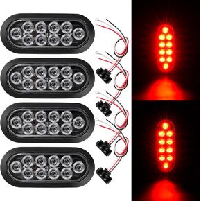 6 Inch Oval LED Tail Lights 4Pcs Red 10 LED Trailer Tail Lights for Trucks RV Jeep 6" Oval LED Stop Turn Tail Lights with 3-pin Plug & Flush Mount Grommets Sealed 12V w/Clear Lens