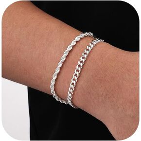 P.BLAKE 2 Pcs Stack Bracelets for Men Women, 925 Sterling Silver 14K Gold Bangle Cuff Link Cuban/Rope/Snake Chain Bracelet Set Jewelry Gifts