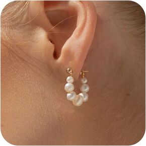 Pearl Earrings for Women,14K Gold Plated Small Hoop Pearl Drop Earrings Dainty Trendy Dangle Pearl Gold Huggie Hoops Hypoallergenic Waterproof Wedding Statement Earring for Women Jewelry Gifts