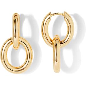 Gold Earrings for Women Trendy 14K Gold Plated Simple Hoop Dangle Drop Circle Charm Link Huggie Dangle Earring Cute Gold Handmade Hypoallergenic Boho Jewelry for Women