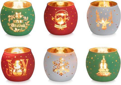 Glasseam Christmas Votive Candle Holders: Glass Tea Lights Candle Holder Set of 6 Red Green White Candle Holders for Jar Candles Christmas Candle Holders for Table Centerpiece Xmas Decorations Gifts in Saudi Arabia