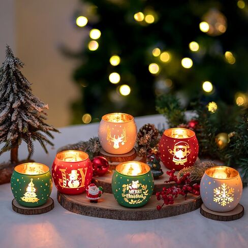 Glasseam Christmas Votive Candle Holders: Glass Tea Lights Candle Holder Set of 6 Red Green White Candle Holders for Jar Candles Christmas Candle Holders for Table Centerpiece Xmas Decorations Gifts in Saudi Arabia