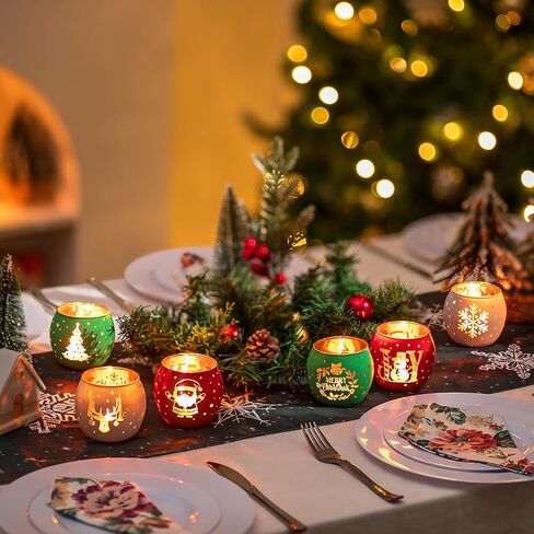 Glasseam Christmas Votive Candle Holders: Glass Tea Lights Candle Holder Set of 6 Red Green White Candle Holders for Jar Candles Christmas Candle Holders for Table Centerpiece Xmas Decorations Gifts in Saudi Arabia