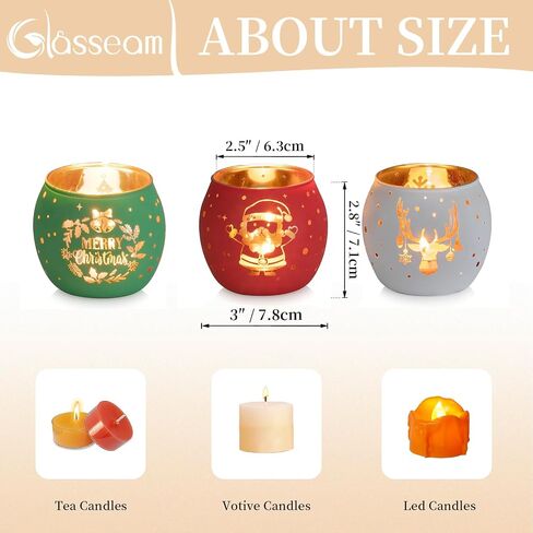 Glasseam Christmas Votive Candle Holders: Glass Tea Lights Candle Holder Set of 6 Red Green White Candle Holders for Jar Candles Christmas Candle Holders for Table Centerpiece Xmas Decorations Gifts in Saudi Arabia