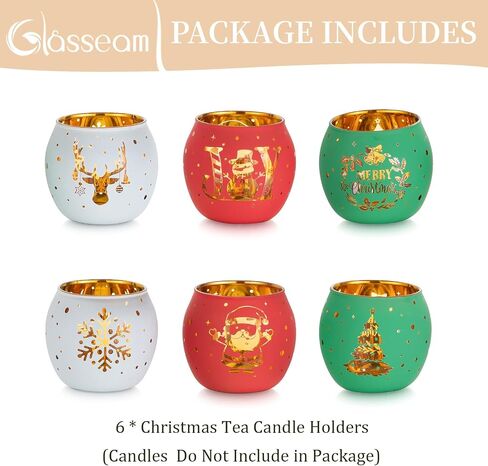 Glasseam Christmas Votive Candle Holders: Glass Tea Lights Candle Holder Set of 6 Red Green White Candle Holders for Jar Candles Christmas Candle Holders for Table Centerpiece Xmas Decorations Gifts in Saudi Arabia