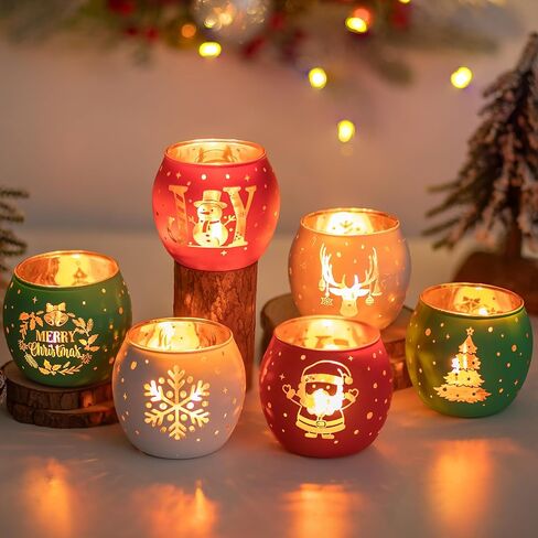 Glasseam Christmas Votive Candle Holders: Glass Tea Lights Candle Holder Set of 6 Red Green White Candle Holders for Jar Candles Christmas Candle Holders for Table Centerpiece Xmas Decorations Gifts in Saudi Arabia