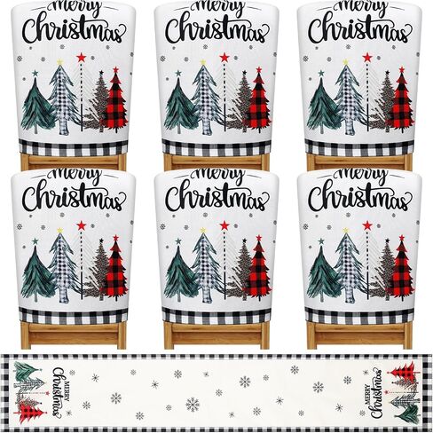 Preboun 7 Pieces Christmas Chair Back Covers Set Christmas Chair Covers with Black Buffalo Plaid Table Runner Dining Chair Slipcover for Xmas Room Kitchen Holiday Party Wedding Hotel Home (Red) in Saudi Arabia