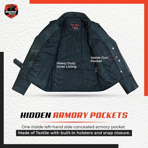 Daniel Smart Men Motorcycle Leather Jacket Black Economy Biker Leather Jacket with Concealment Armory Pocket in Kuwait