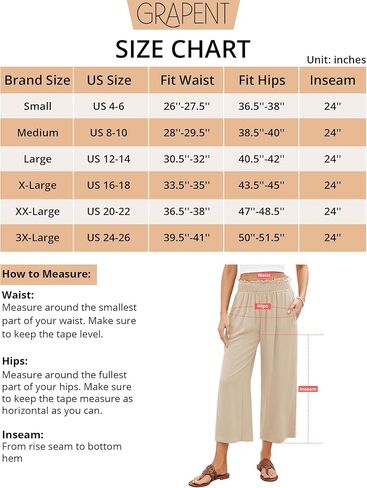 GRAPENT Capri Pants for Women High Waisted Wide Leg Linen Palazzo Trousers Pull On Elastic Smock Waist Loose Flowy Pants in Kuwait