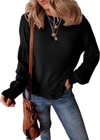 EVALESS Womens Fall Tops Cute Lantern Sleeve Shirts Basic Crewneck Blouses for Women Dressy Casual Outfits Trendy 2024 in Saudi Arabia