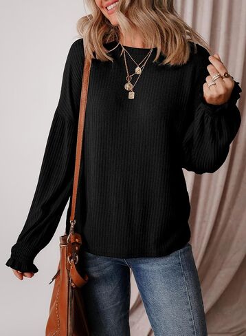 EVALESS Womens Fall Tops Cute Lantern Sleeve Shirts Basic Crewneck Blouses for Women Dressy Casual Outfits Trendy 2024 in Saudi Arabia