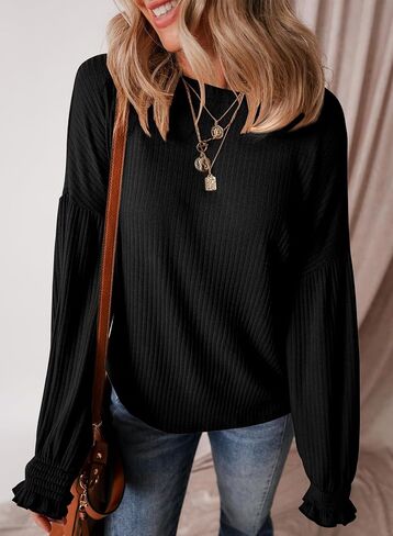 EVALESS Womens Fall Tops Cute Lantern Sleeve Shirts Basic Crewneck Blouses for Women Dressy Casual Outfits Trendy 2024 in Saudi Arabia