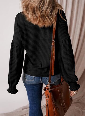 EVALESS Womens Fall Tops Cute Lantern Sleeve Shirts Basic Crewneck Blouses for Women Dressy Casual Outfits Trendy 2024 in Saudi Arabia